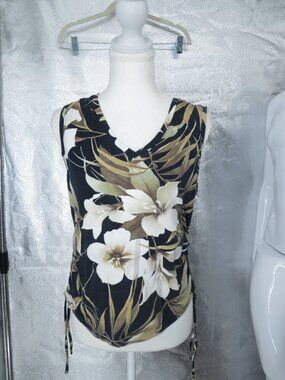 Caribbean Joe Tank Top Womens Petite Large PL Floral Ruched Side Tie Sleeveless